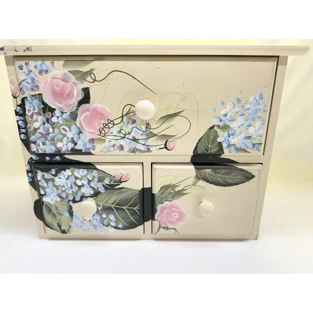 VTG Kenyield Hand-Painted Tissue Box With Keepsake Trinket Drawers Floral Design